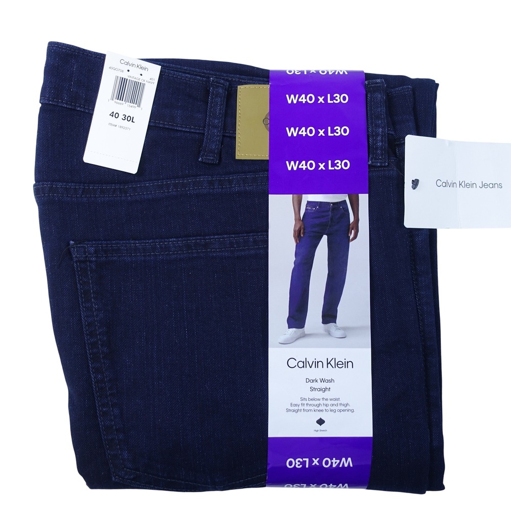 Calvin Klein Mens Jeans 40x30 Dark Wash Straight Fit Vintage CK Navy Stretch NWT